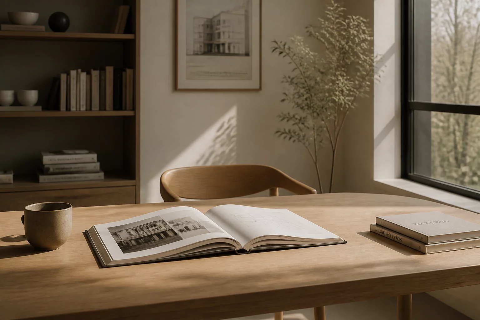 Minimalist Nordic interior with architectural books and a view